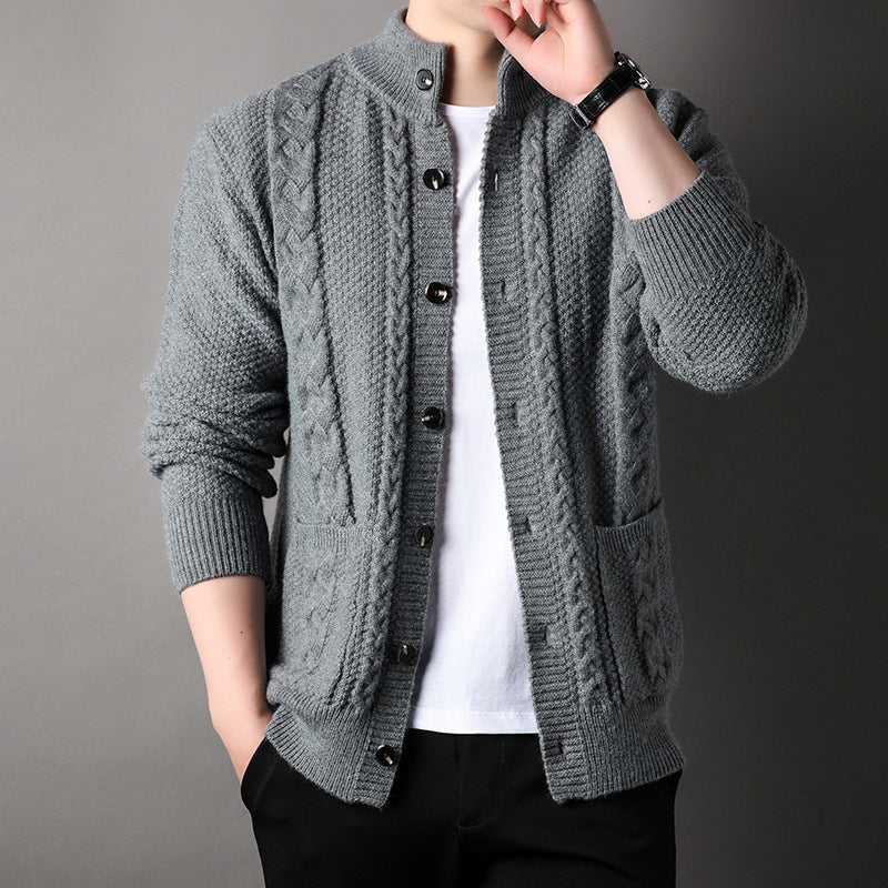Men's Jacquard Cardigan Sweater – Single-Breasted Slim-Fit Pullover with Pockets for Youth