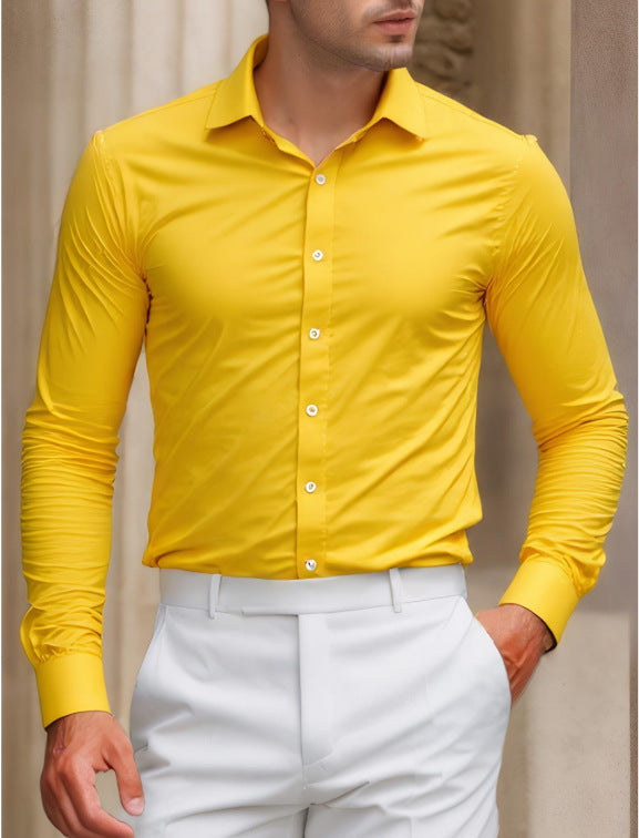 Men’s Summer Anti-Wrinkle Long Sleeve Casual Shirt – Loose Fit Polyester Top for Leisure and Daily Wear