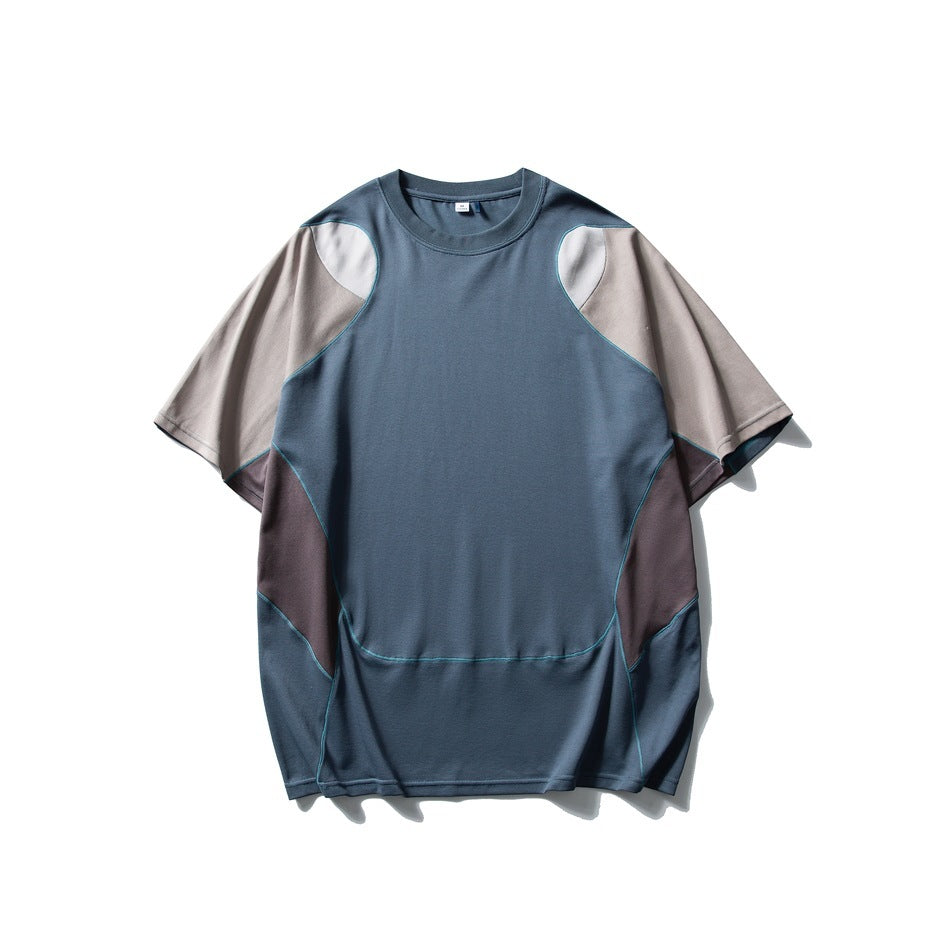 Men's Patchwork Contrast Color Sports T-shirt | Loose Fit Cotton Blend Summer Top