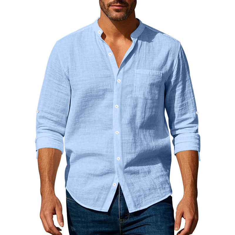 Men’s Long Sleeve Stand Collar Linen Shirt with Pockets – Casual Lightweight Button Down Top for Everyday Wear