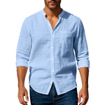 Men’s Long Sleeve Stand Collar Linen Shirt with Pockets – Casual Lightweight Button Down Top for Everyday Wear