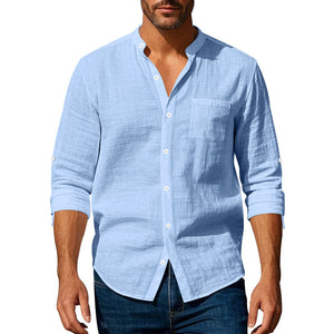 Men’s Long Sleeve Stand Collar Linen Shirt with Pockets – Casual Lightweight Button Down Top for Everyday Wear