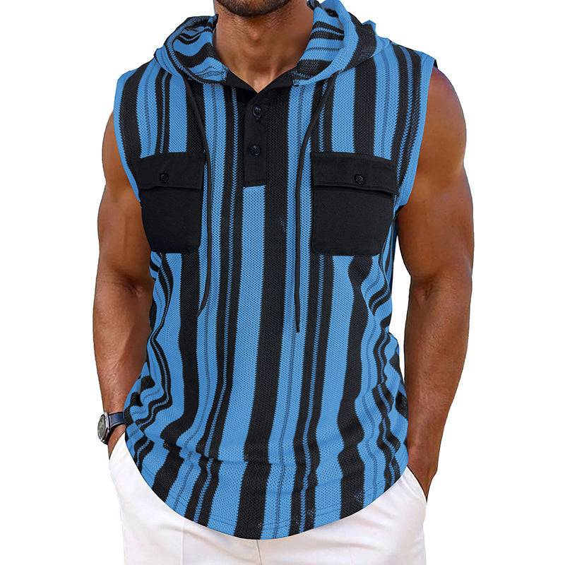 Men’s Striped Sleeveless Hooded Vest with Pocket | Casual Summer Streetwear Tank Top
