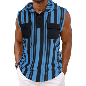 Men’s Striped Sleeveless Hooded Vest with Pocket | Casual Summer Streetwear Tank Top