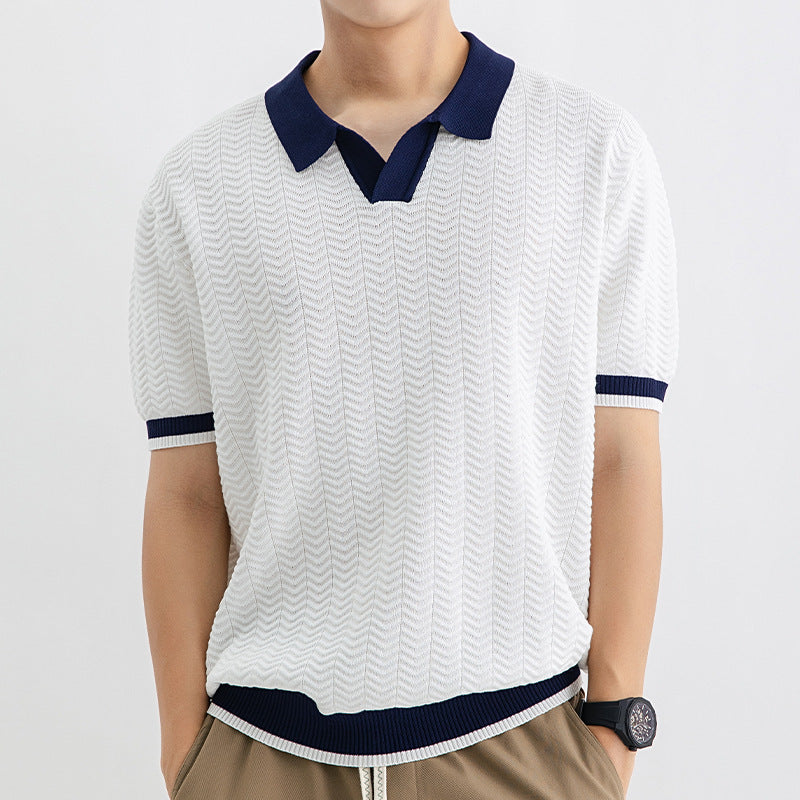 Men’s Ice Silk Polo Shirt | High-End Short Sleeve Striped T-shirt for Cool Summer Comfort