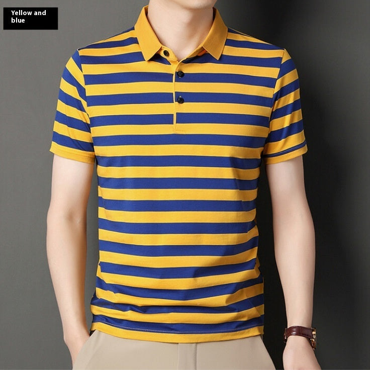 Summer Men’s Cotton Ice Silk Polo T-shirt – Striped Short Sleeve Youth Undershirt for Daily Wear