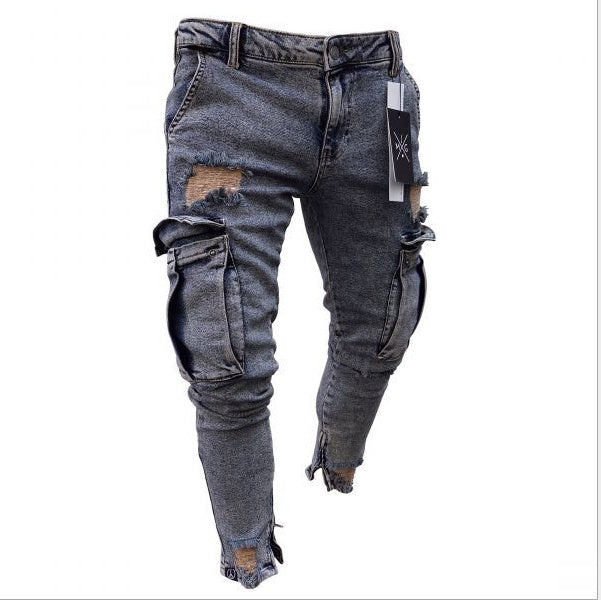 Men’s Cargo Hole Denim Jeans – Slim Pencil Fit, Whitewashed Casual Cotton Denim Pants