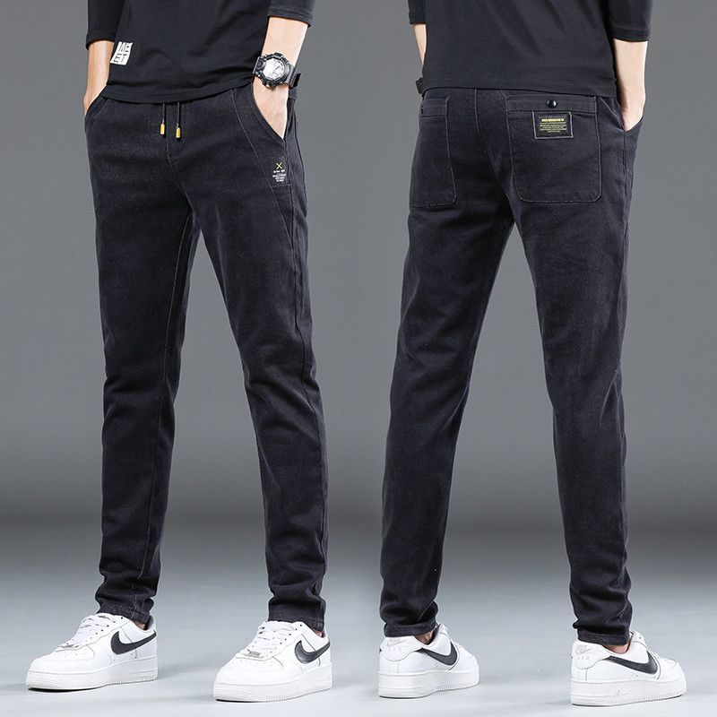 Denim Stretch Casual Men's Cropped Trousers Thin Lightweight Polyester Mid Waist Elastic Pants