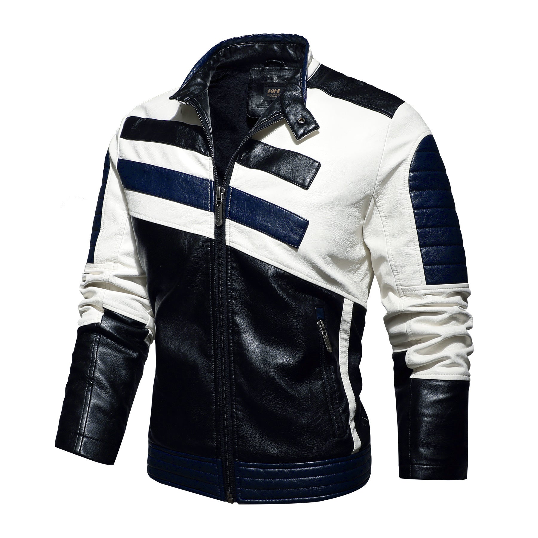 Men’s Leather Motorcycle Jacket – Stand Collar Slim Fit Bomber Coat with Zipper and Pockets