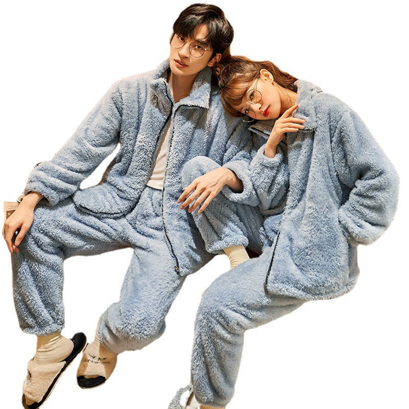 Plush Couple Thermal Zipper Suit – Thick Flannel Homewear Set for Men and Women
