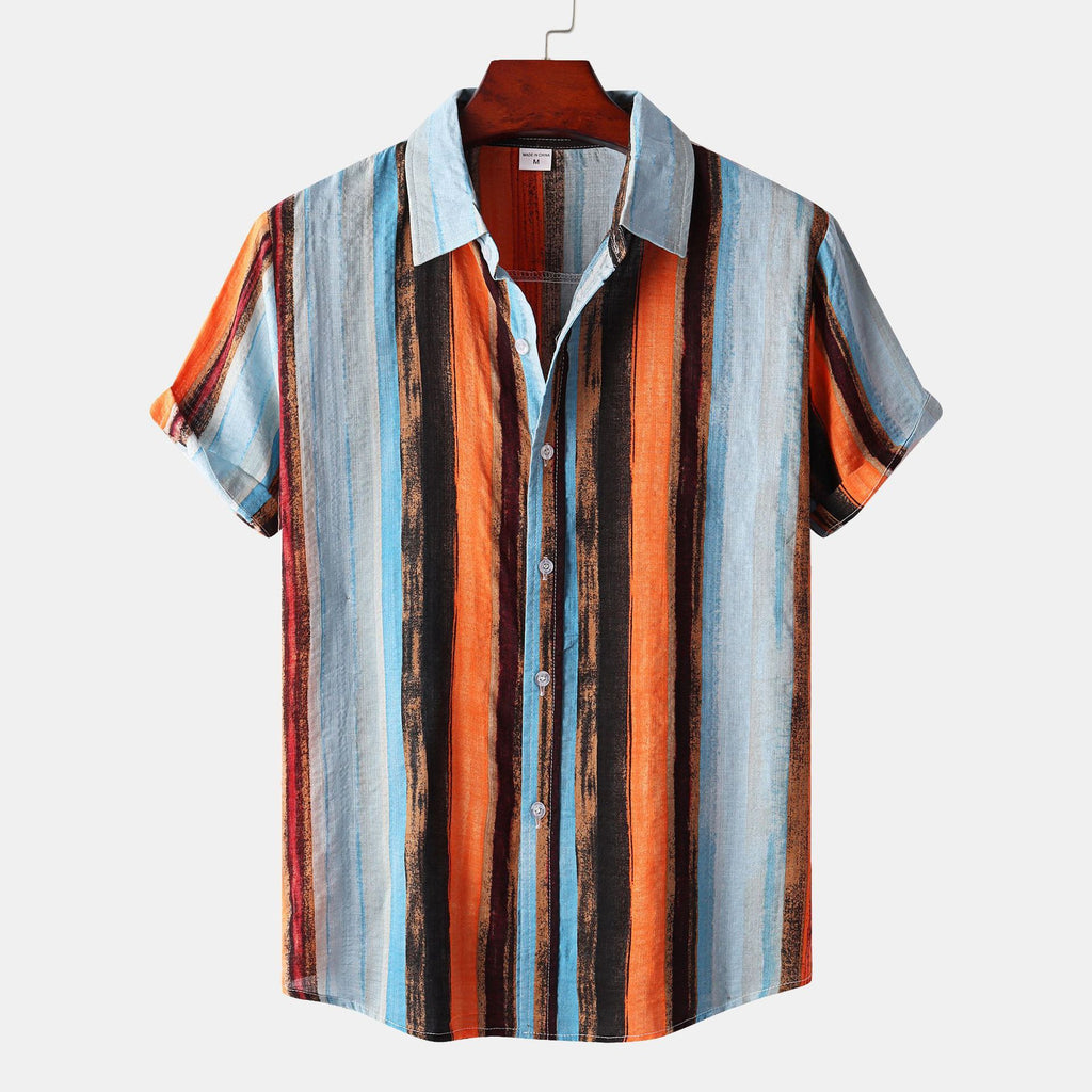 New Men’s Contrast Color Striped Shirt – Cotton Casual Short Sleeve Top for Summer Style