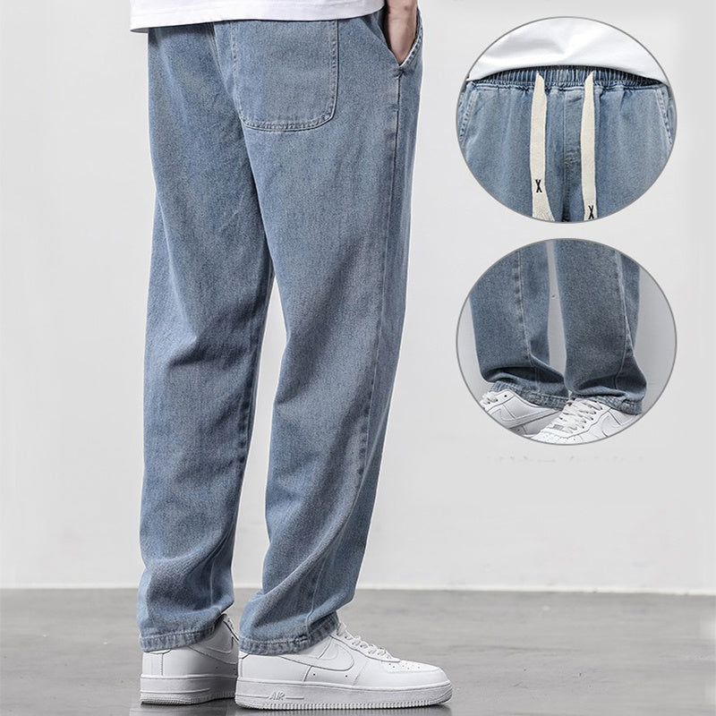 Men’s Summer Loose Wide Leg Jeans – Fashion Drawstring Elastic Straight Denim Trousers