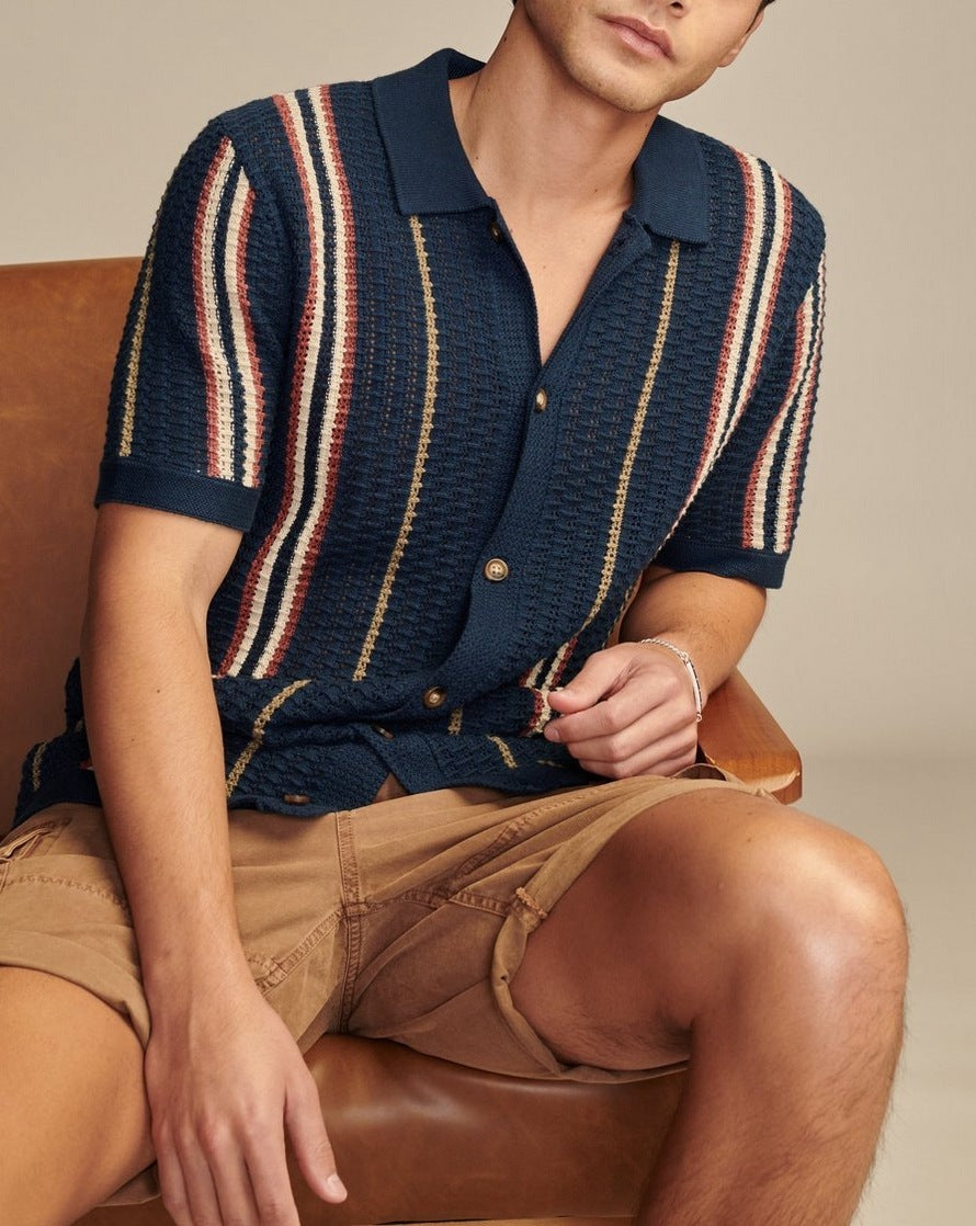 Men’s Hollow-out Knitted Polo Cardigan | Breathable Striped Short Sleeve Casual Shirt