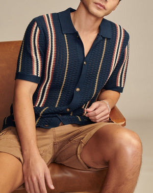 Men’s Hollow-out Knitted Polo Cardigan | Breathable Striped Short Sleeve Casual Shirt