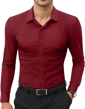 Men’s Full Elastic Long Sleeve Shirt – Simple Solid Color Stretch Cardigan for Daily Wear