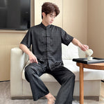 Men’s Summer Ice Silk Pajamas – Short Sleeve Cardigan & Trousers Set, Lightweight Comfortable Sleepwear