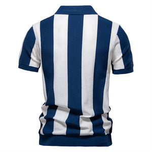 Men’s Lapel Short-Sleeved Woolen Polo Shirt – Classic Striped Summer Top for Casual & Smart Wear