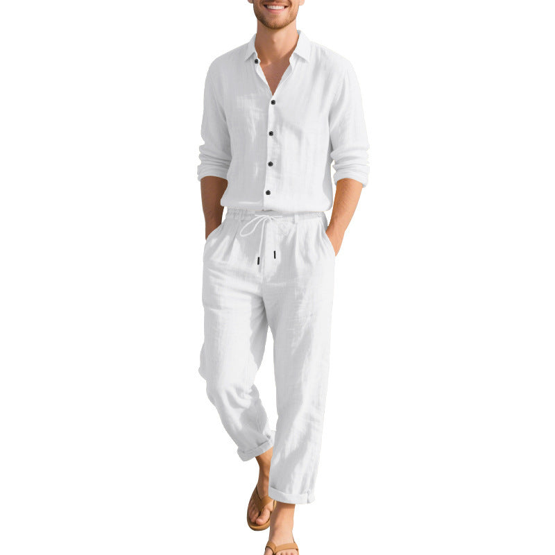 Loose Casual Long Sleeves Shirt and Trousers Two-Piece Set for Men – Lightweight Linen Outfit