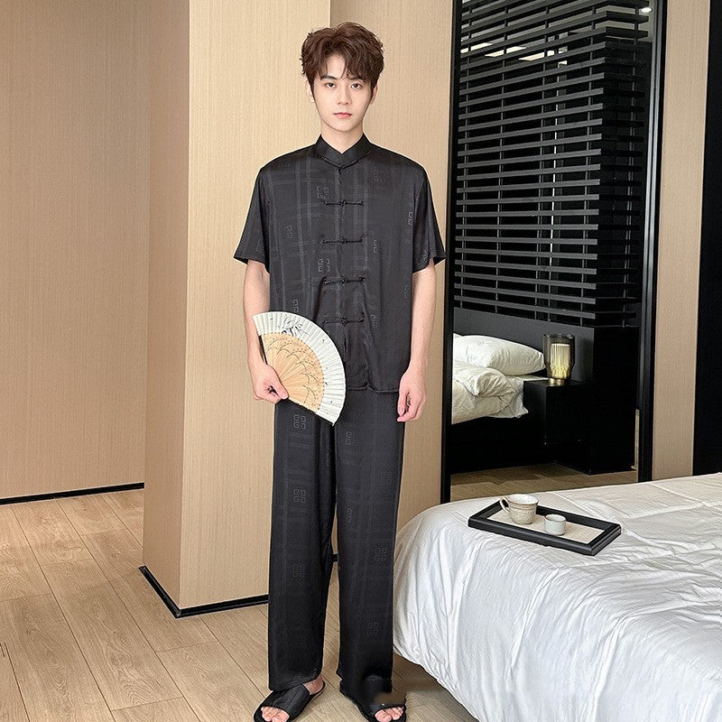 Men’s Summer Ice Silk Pajamas – Short Sleeve Cardigan & Trousers Set, Lightweight Comfortable Sleepwear