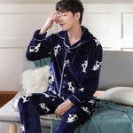 Men’s Coral Fleece Cardigan Pajamas – Long Sleeve Homewear Set, Warm and Comfortable for Winter and All Seasons