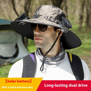 Outdoor Wide Brim Sun Hat With Solar Fan – USB Charging, Adjustable, Breathable, Waterproof, Windproof, Summer Fishing Hat