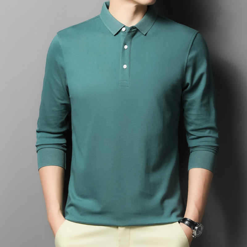 Casual Classic Solid Color Long Sleeve Polo Shirt for Men – Comfortable Cotton Blend Top