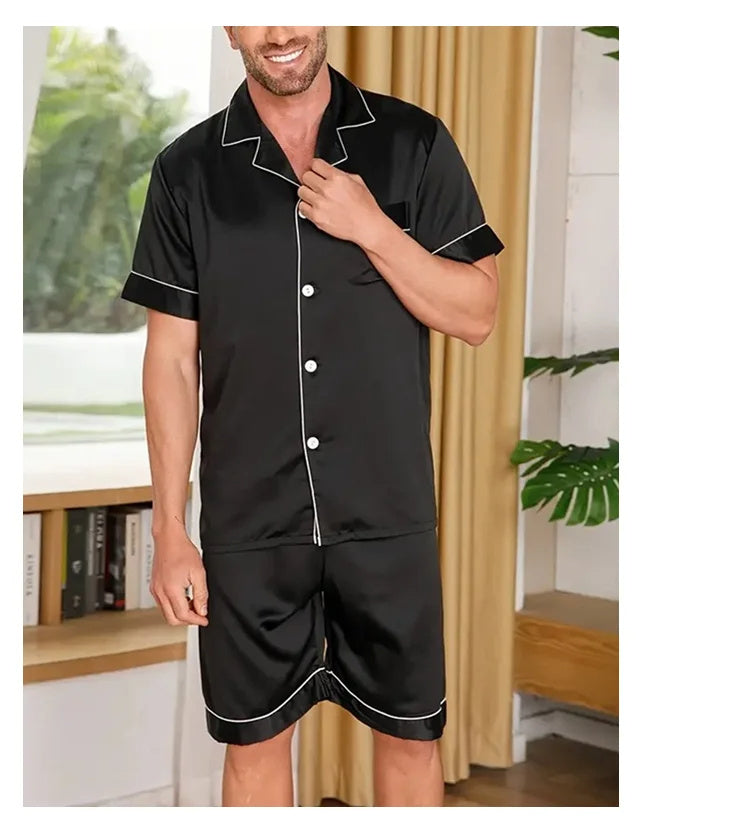 Men's Summer Satin Lapel Homewear Set – Thin Breathable Short-Sleeved Sleepwear Suit for Cool Comfort