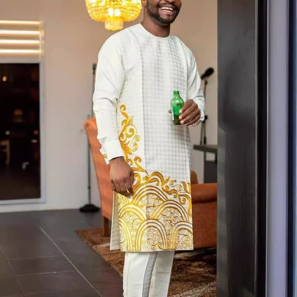 Men’s Casual Minimalist Printed African Suit – Straight Fit Leisure Outfit | Ethnic Style Four-Season Wear