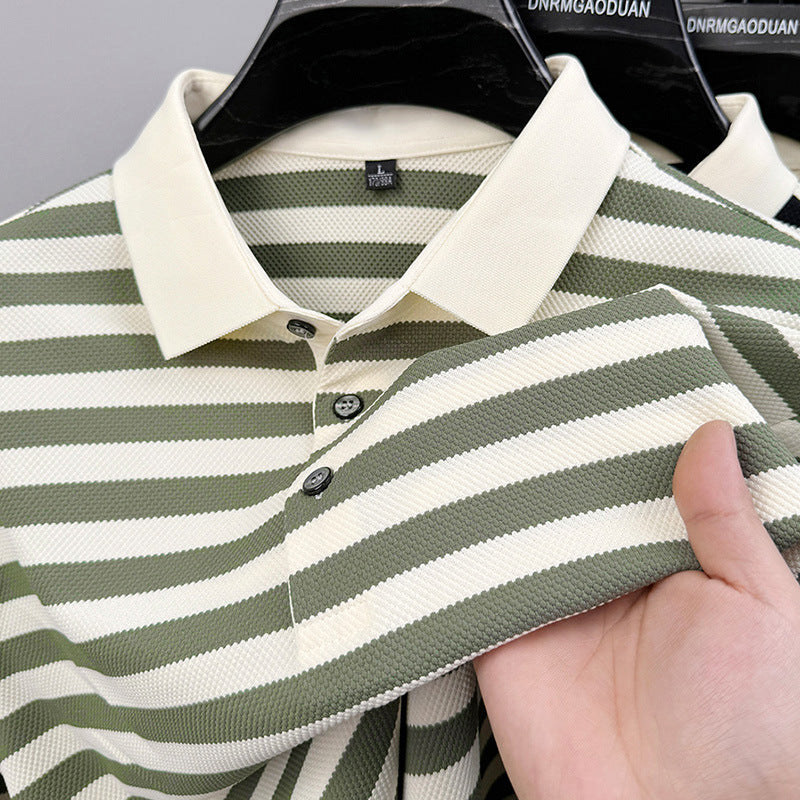 Men’s Lapel Jacquard Striped Shirt | Breathable Summer Business Casual Short Sleeve Top