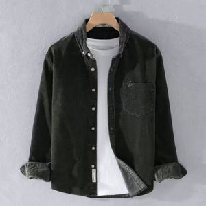 Men’s Loose American Retro Corduroy Shirt – Long Sleeve Polyester Casual Top for Everyday Wear