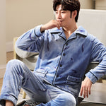 Men’s Coral Fleece Cardigan Pajamas – Long Sleeve Homewear Set, Warm and Comfortable for Winter and All Seasons