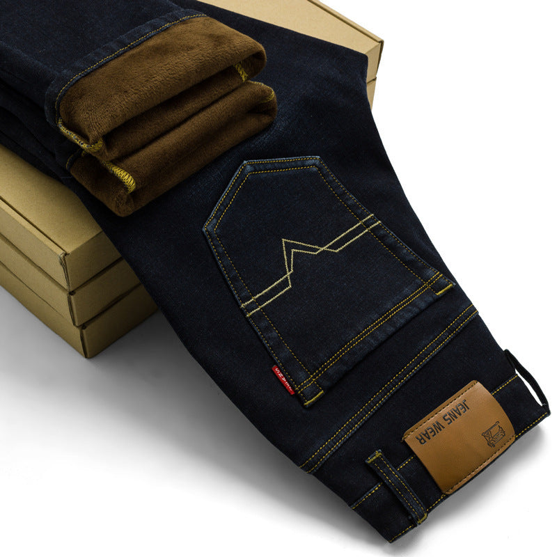 Autumn Winter Jeans Men's Straight Cotton Denim High Elastic Warm Velvet Lined Pants