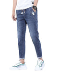 Denim Stretch Casual Men's Cropped Trousers Thin Lightweight Polyester Mid Waist Elastic Pants