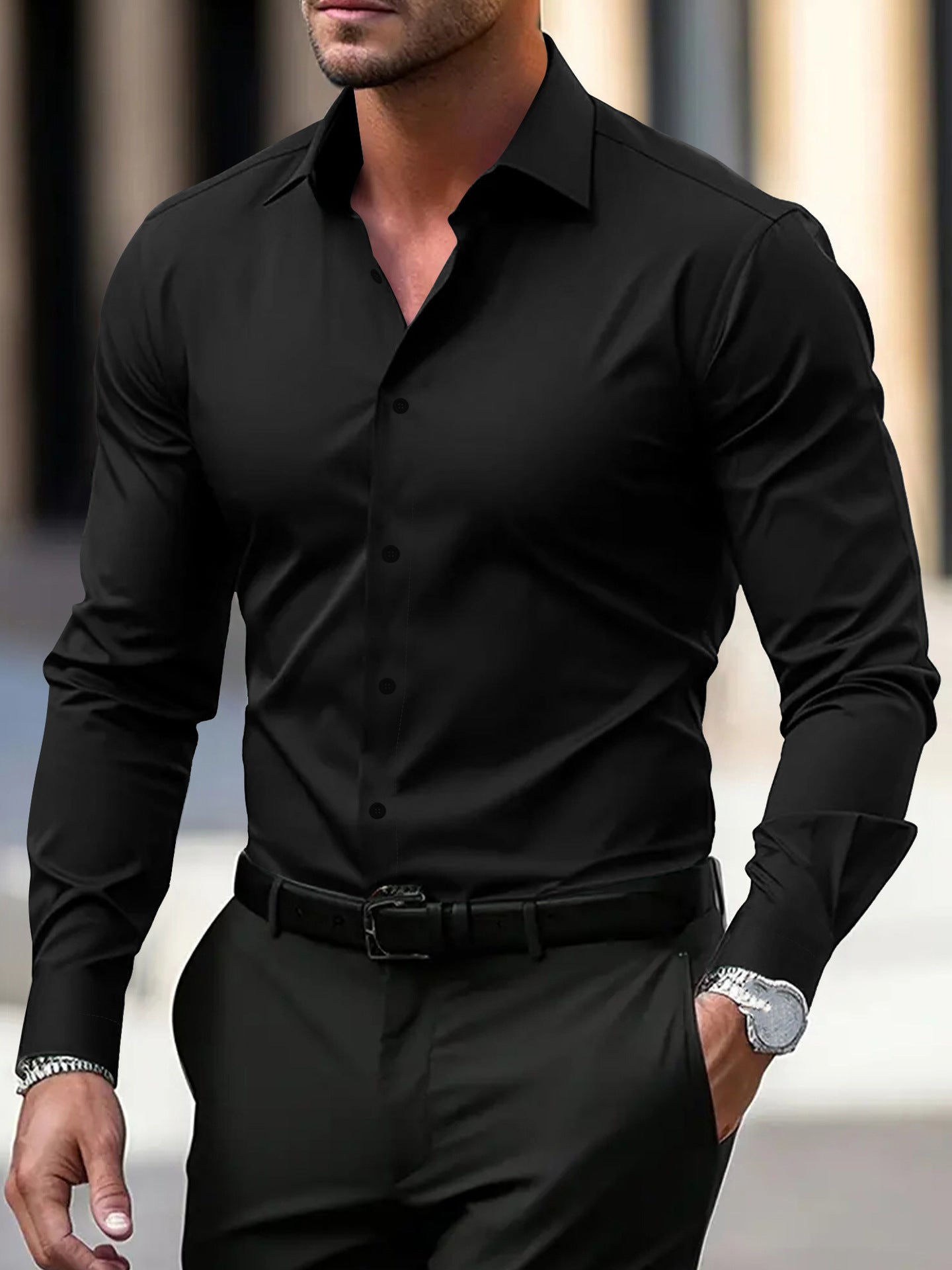 Men’s Long Sleeve Button Down Shirt – Solid Color Business Casual Lapel Top for Summer & Vacation Wear