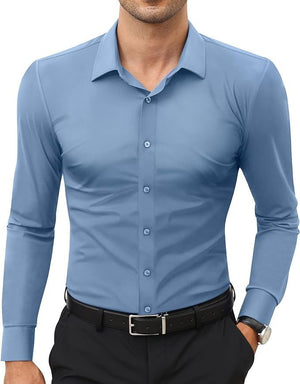 Men’s Full Elastic Long Sleeve Shirt – Simple Solid Color Stretch Cardigan for Daily Wear