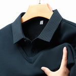 Men’s Business Casual Fake Two-Piece Striped Sleeve T-Shirt – Comfortable Polyester Blend for Daily Leisure