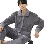 Men’s Coral Fleece Cardigan Pajamas – Long Sleeve Homewear Set, Warm and Comfortable for Winter and All Seasons