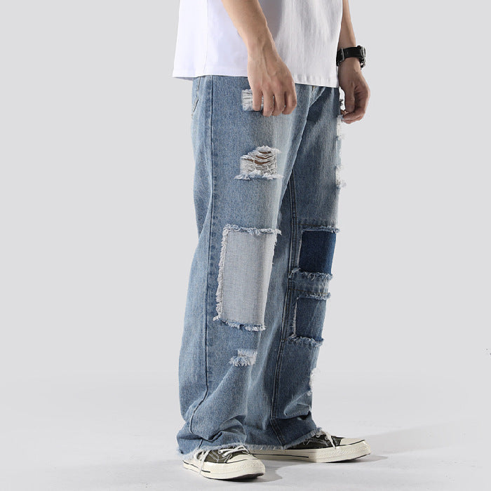 Men’s Ins French Overalls – Baggy Daddy Pants, Hand-Painted Denim, Straight-Leg Casual Trousers, Sizes M-3XL