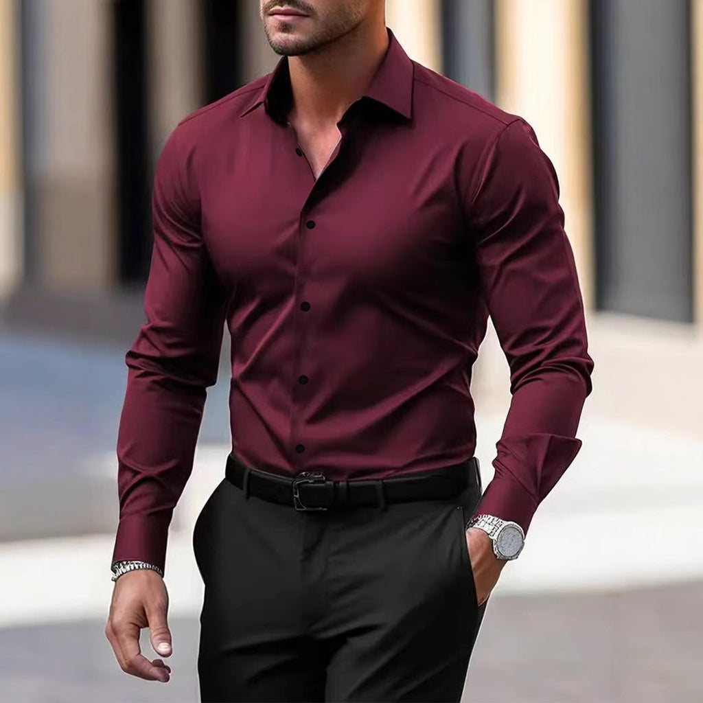 Men’s Long Sleeve Button Down Shirt – Solid Color Business Casual Lapel Top for Summer & Vacation Wear