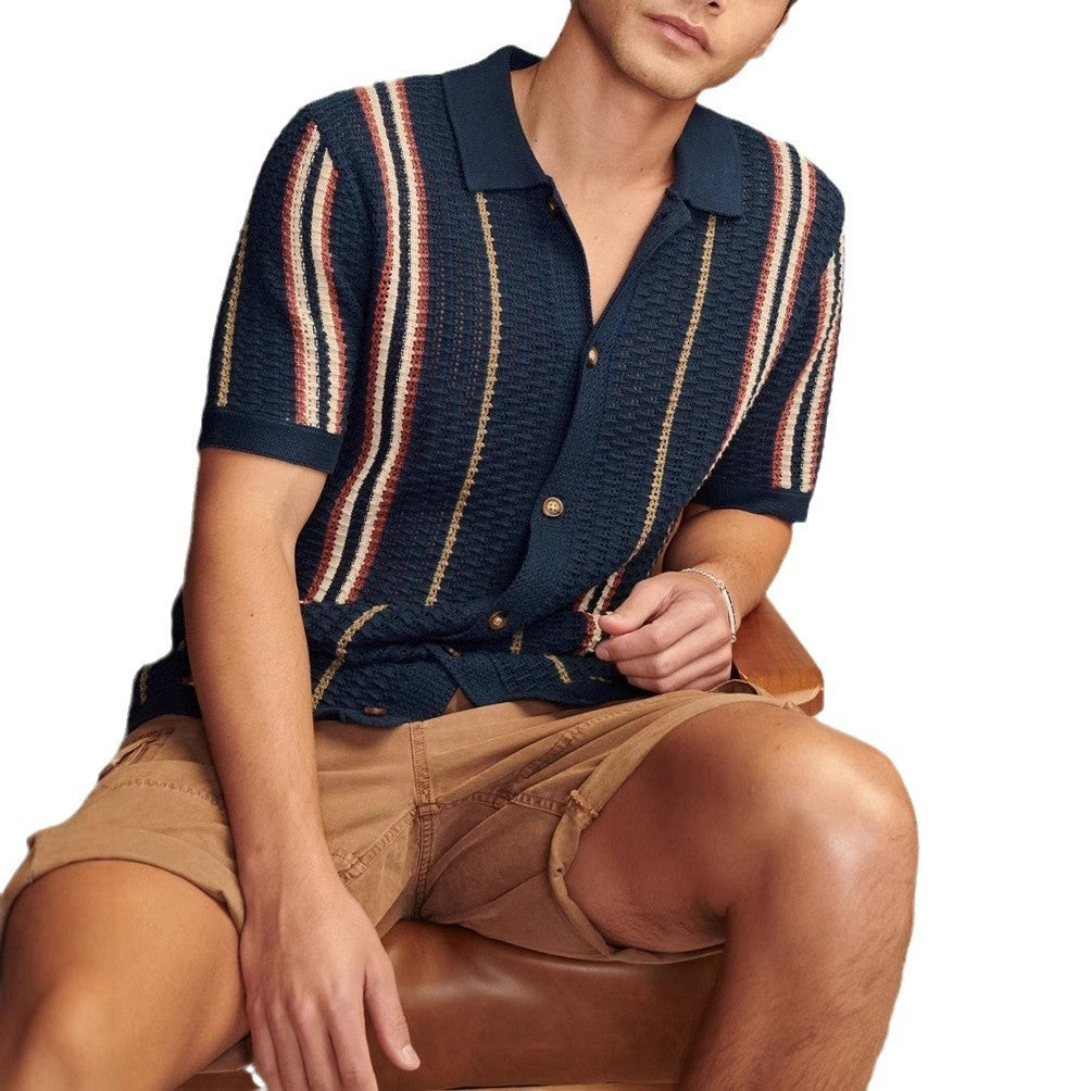 Men’s Hollow-out Knitted Polo Cardigan | Breathable Striped Short Sleeve Casual Shirt