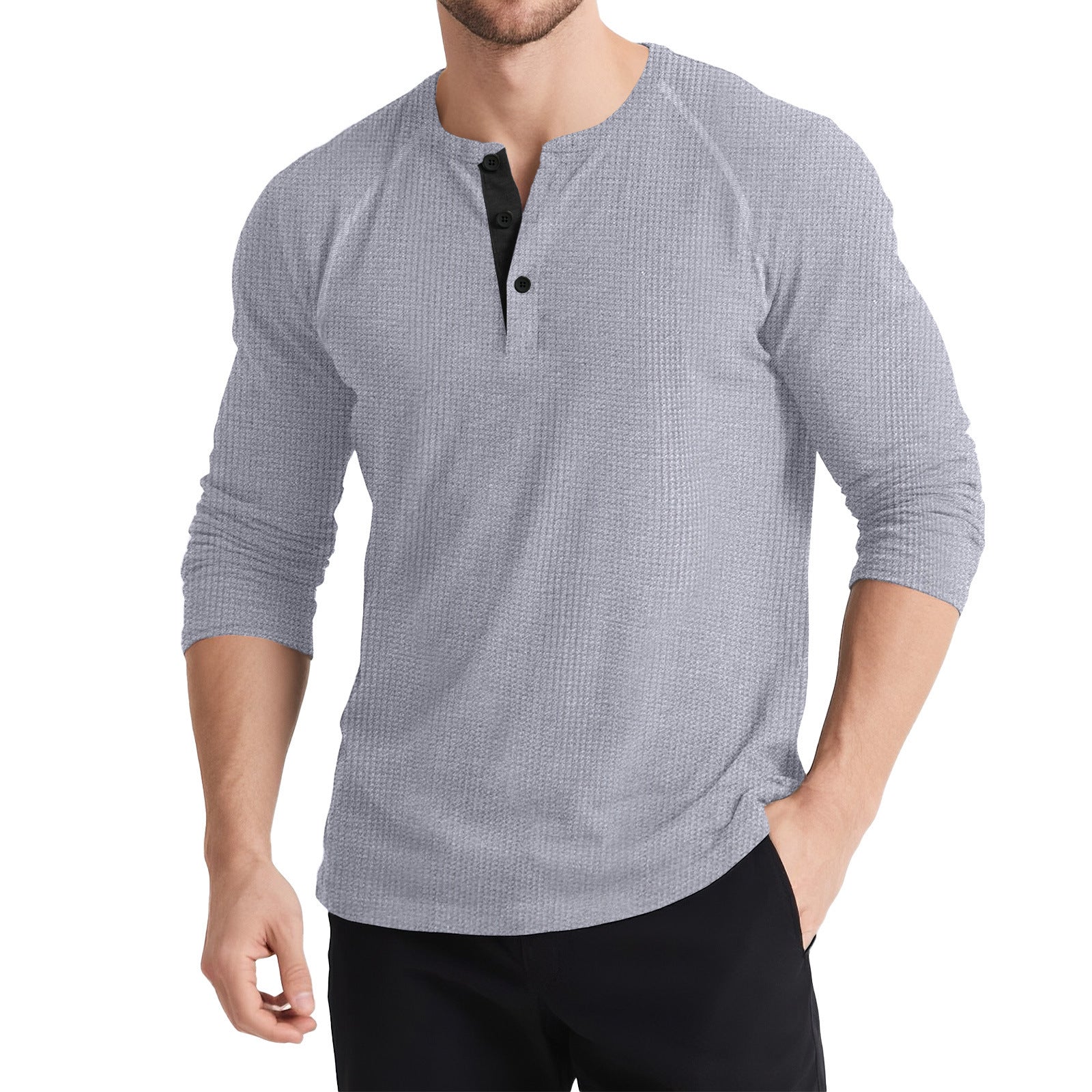 Men’s Retro Three-Button Color Block Sweater – Casual Cotton Blend Long Sleeve T-Shirt