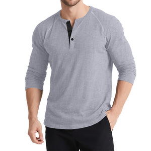 Men’s Retro Three-Button Color Block Sweater – Casual Cotton Blend Long Sleeve T-Shirt