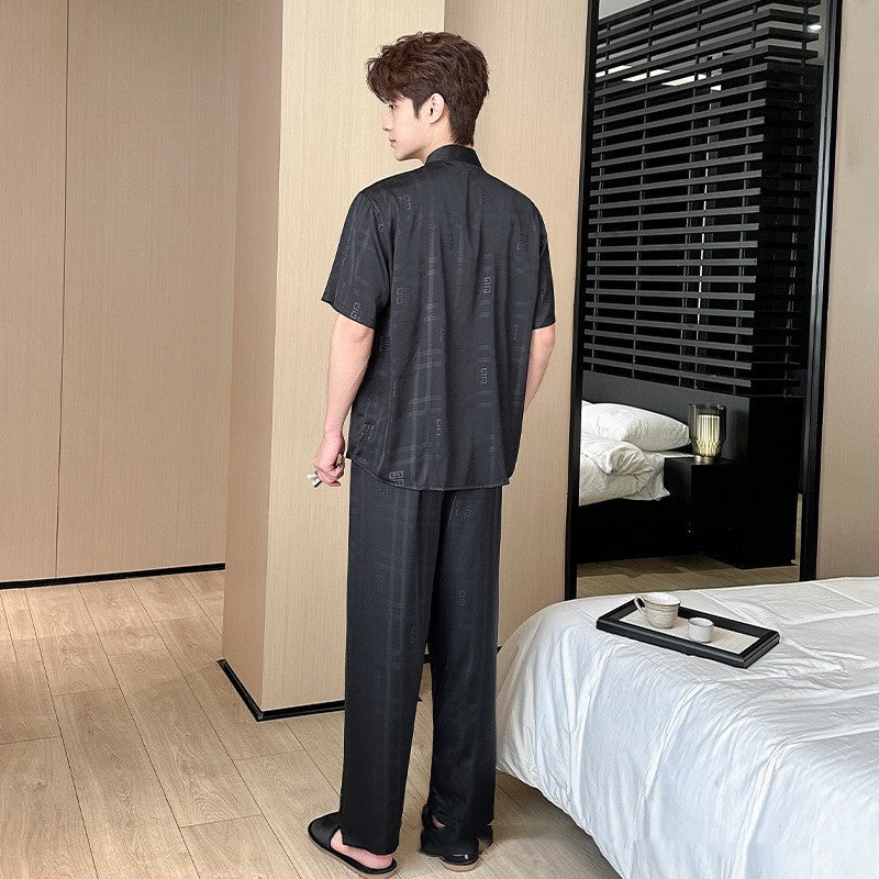 Men’s Summer Ice Silk Pajamas – Short Sleeve Cardigan & Trousers Set, Lightweight Comfortable Sleepwear