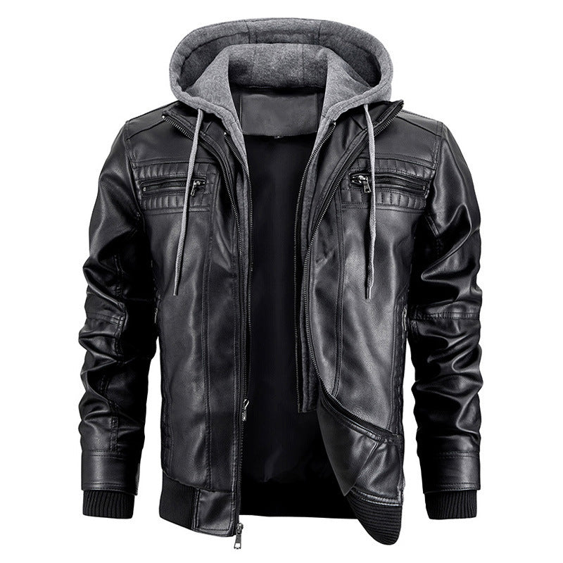 Men’s Hooded PU Leather Jacket – Warm Zipper Pockets Fashion Coat for Winter Daily Wear