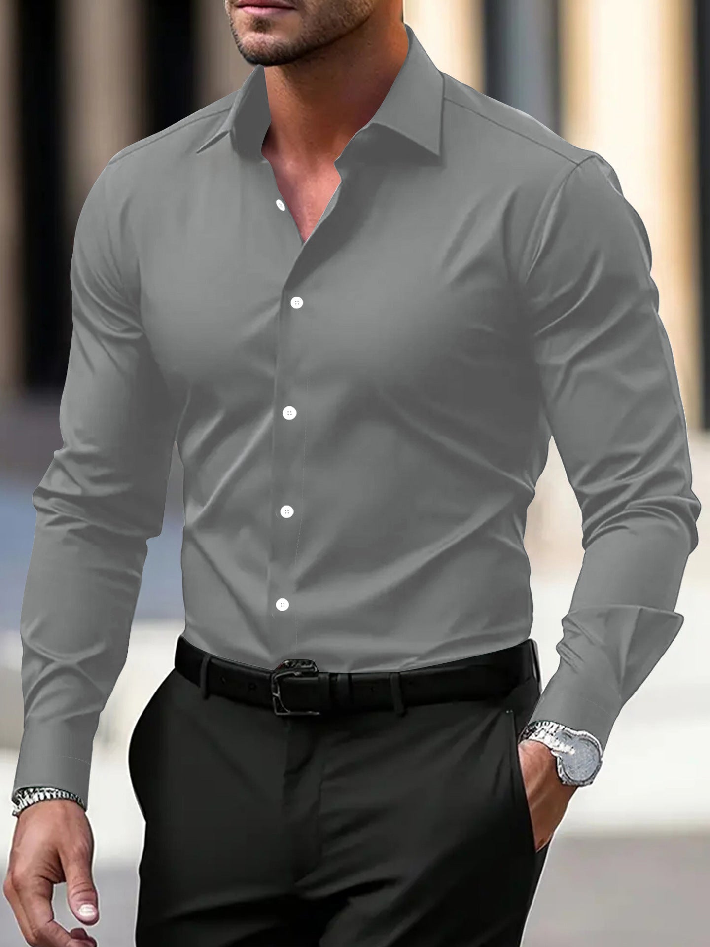 Men’s Long Sleeve Button Down Shirt – Solid Color Business Casual Lapel Top for Summer & Vacation Wear