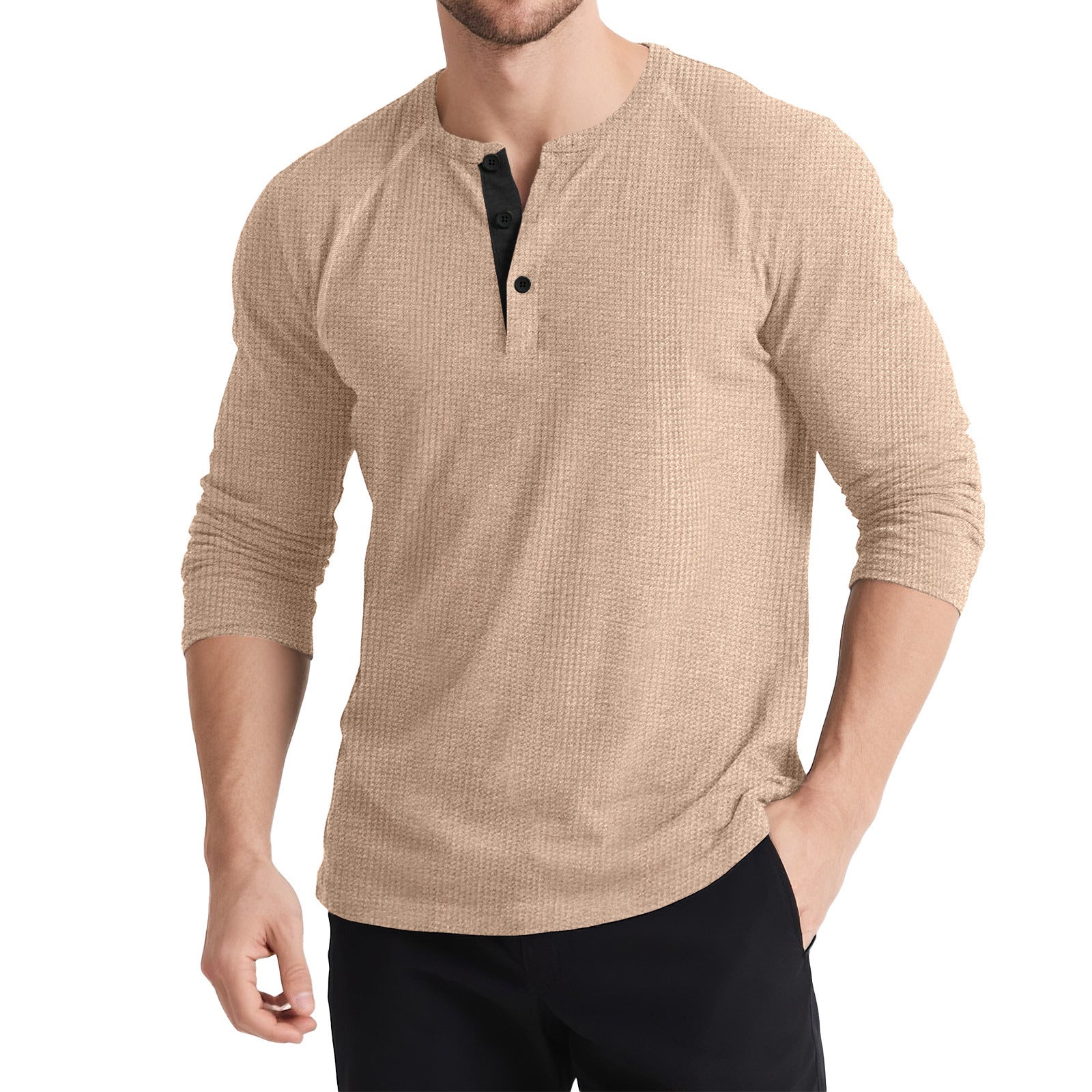 Men’s Retro Three-Button Color Block Sweater – Casual Cotton Blend Long Sleeve T-Shirt