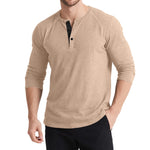 Men’s Retro Three-Button Color Block Sweater – Casual Cotton Blend Long Sleeve T-Shirt