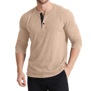 Men’s Retro Three-Button Color Block Sweater – Casual Cotton Blend Long Sleeve T-Shirt