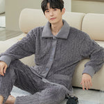 Men’s Coral Fleece Cardigan Pajamas – Long Sleeve Homewear Set, Warm and Comfortable for Winter and All Seasons