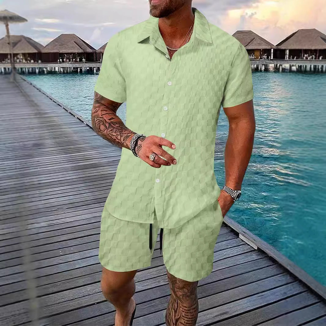 Men’s Casual Chemical Fiber Shirt Suit – Short Sleeve Shirt & Shorts Set | Lightweight Daily Summer Outfit